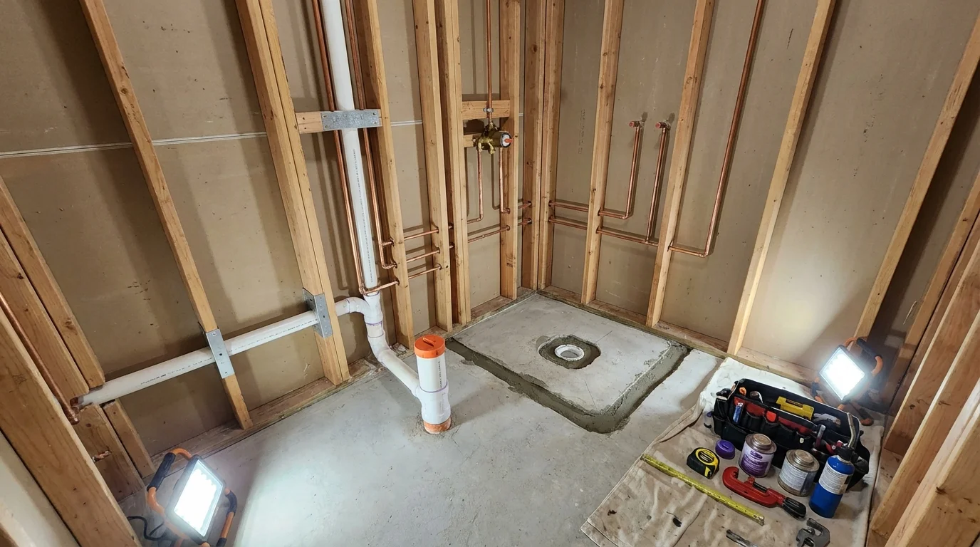 Bathroom rough-in plumbing during remodel by Johns Plumbing LLC in Machesney Park