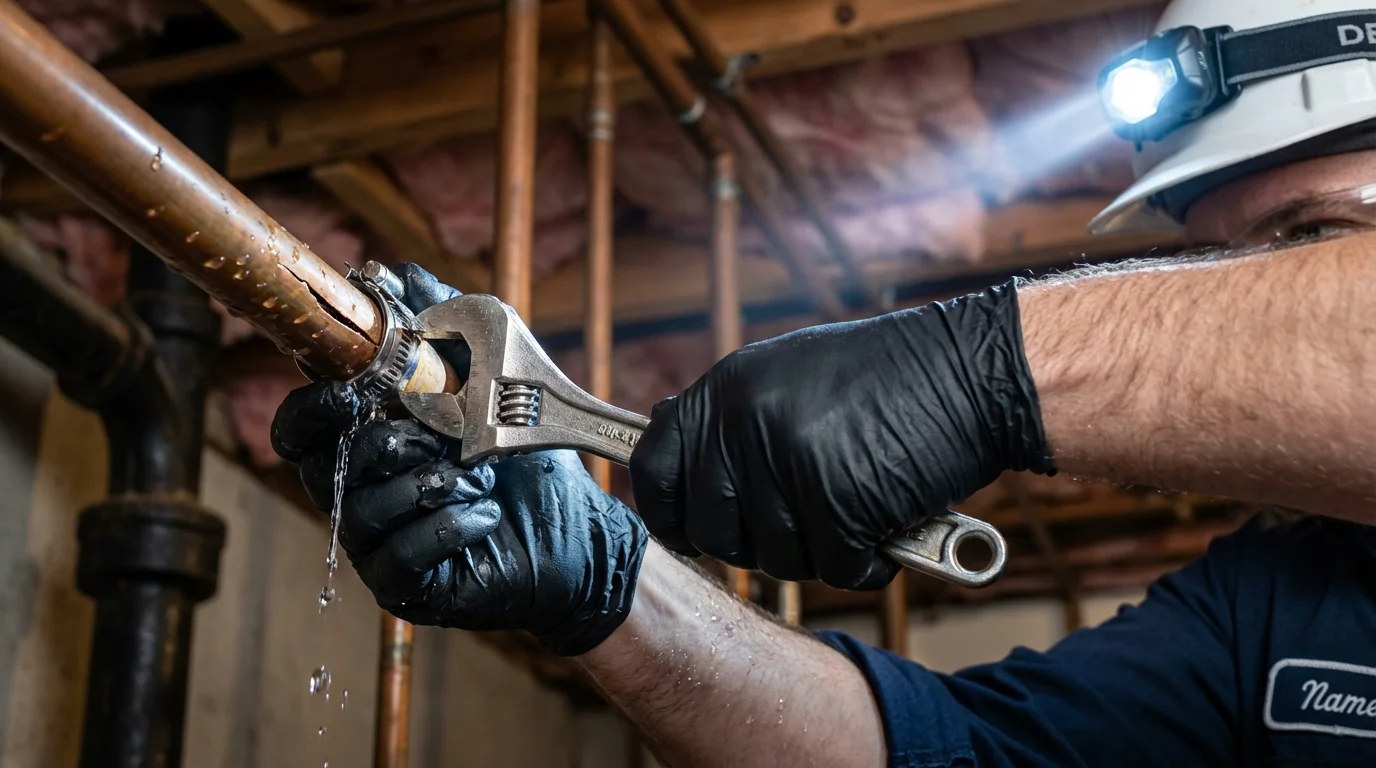 Emergency pipe clamp repair being performed by a Johns Plumbing LLC plumber in Machesney Park
