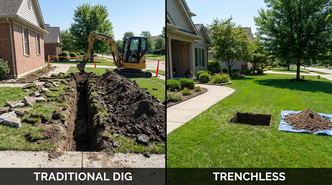 Trenchless sewer repair with minimal yard damage versus traditional excavation in Machesney Park, IL
