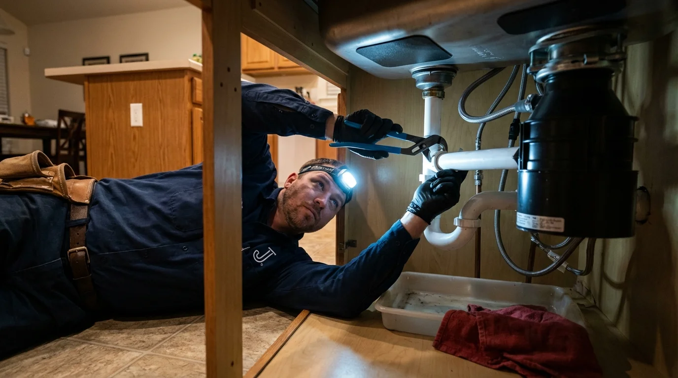 P-trap and supply line connections under a kitchen sink showing a common leak point in Machesney Park, IL